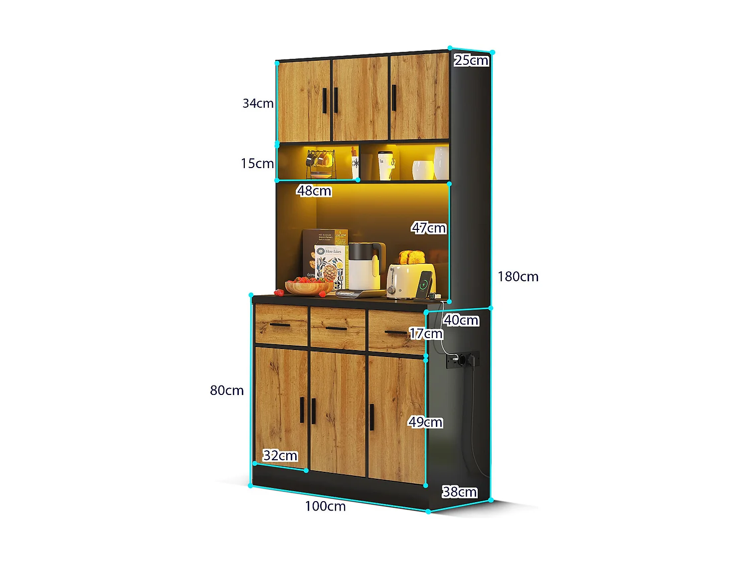 Buffet haut avec éclairage LED, 6 portes en bois et 3 tiroirs de rangement - noir