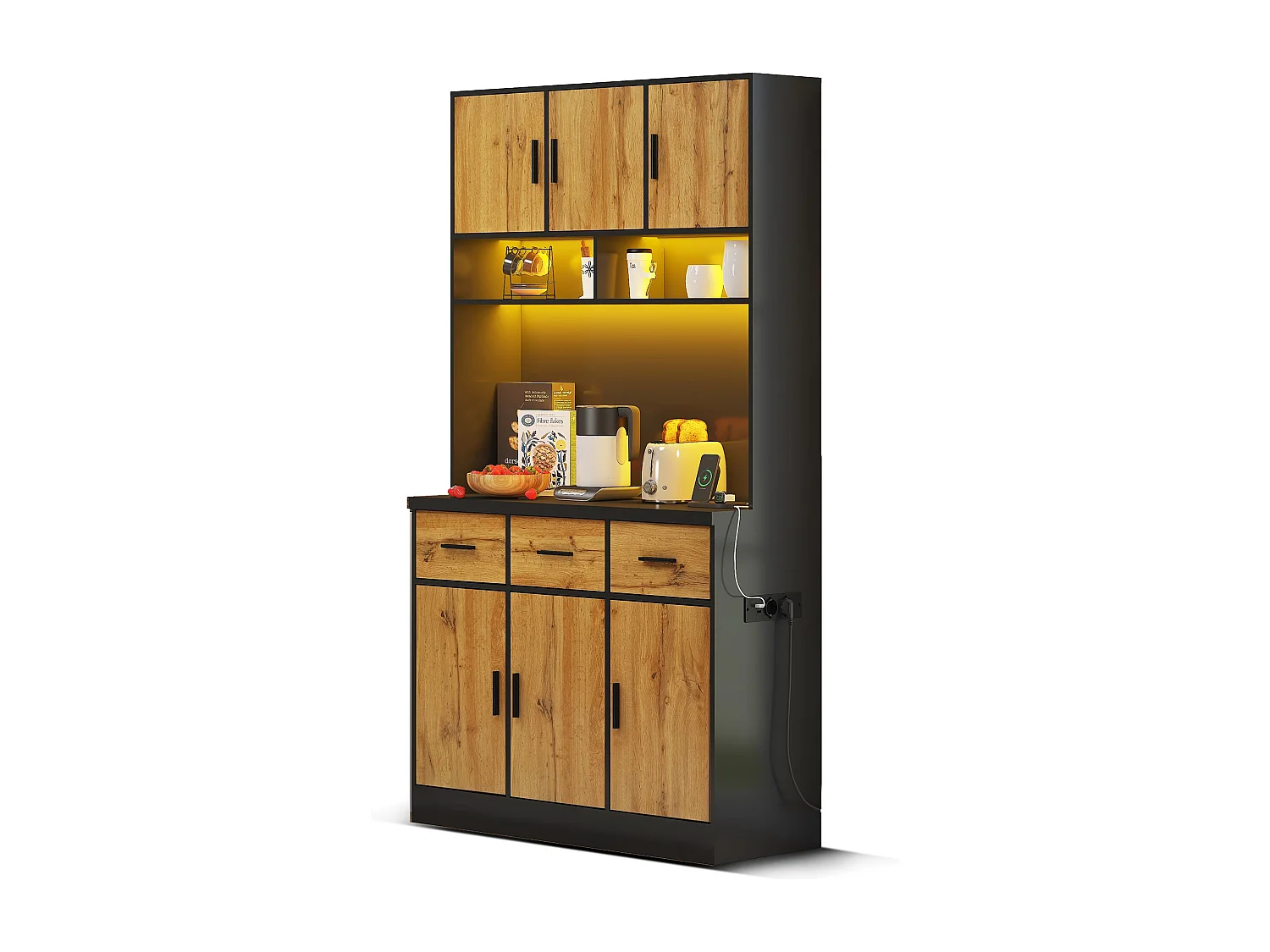 Buffet haut avec éclairage LED, 6 portes en bois et 3 tiroirs de rangement - noir
