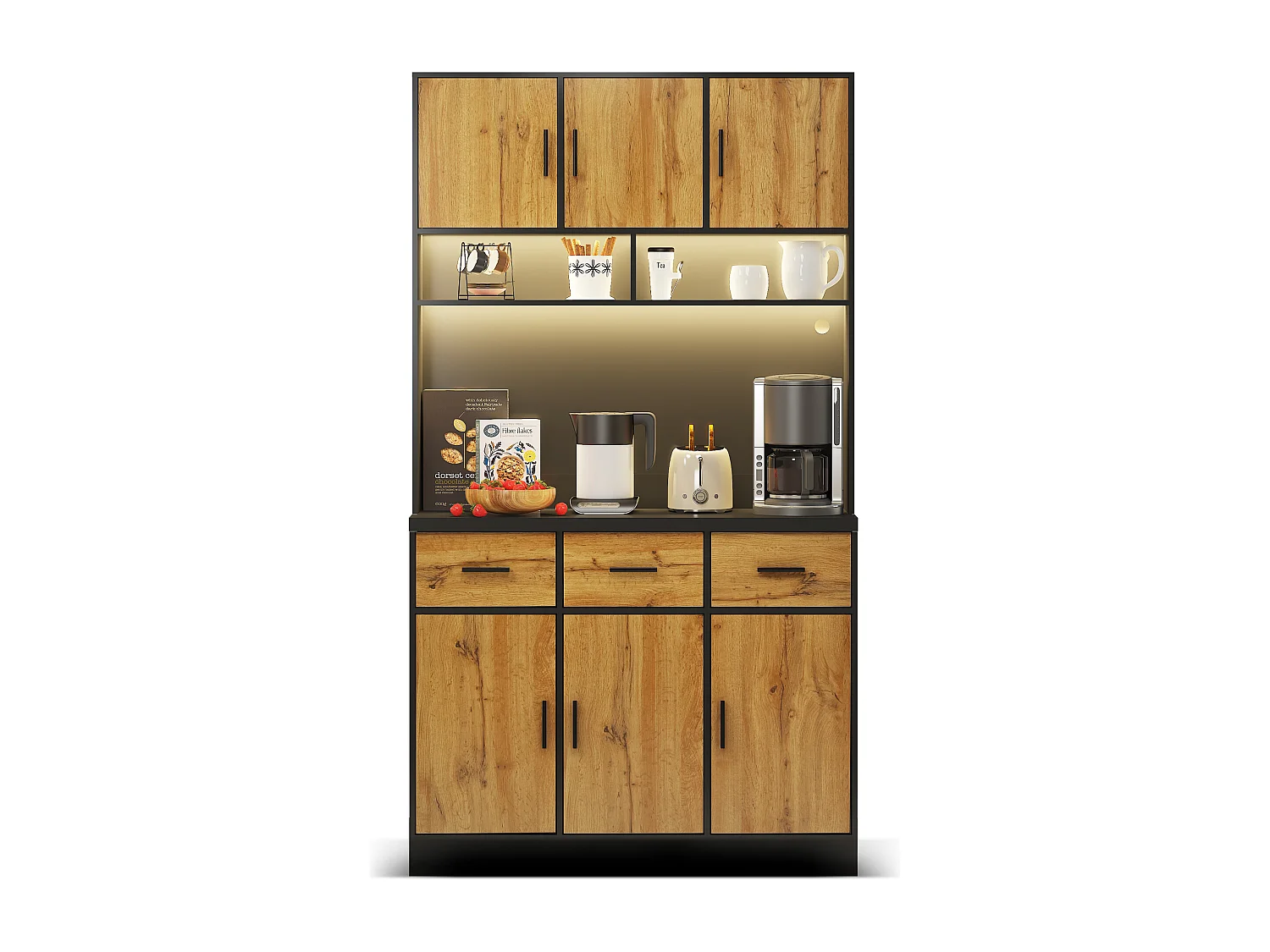 Buffet haut avec éclairage LED, 6 portes en bois et 3 tiroirs de rangement - noir