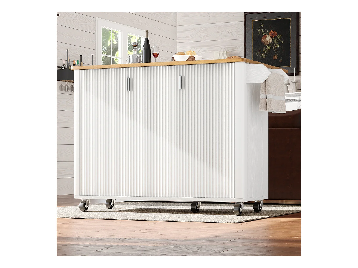 Îlot central mobile avec plateau en bois, 3 portes texturées et étagère à épices - blanc