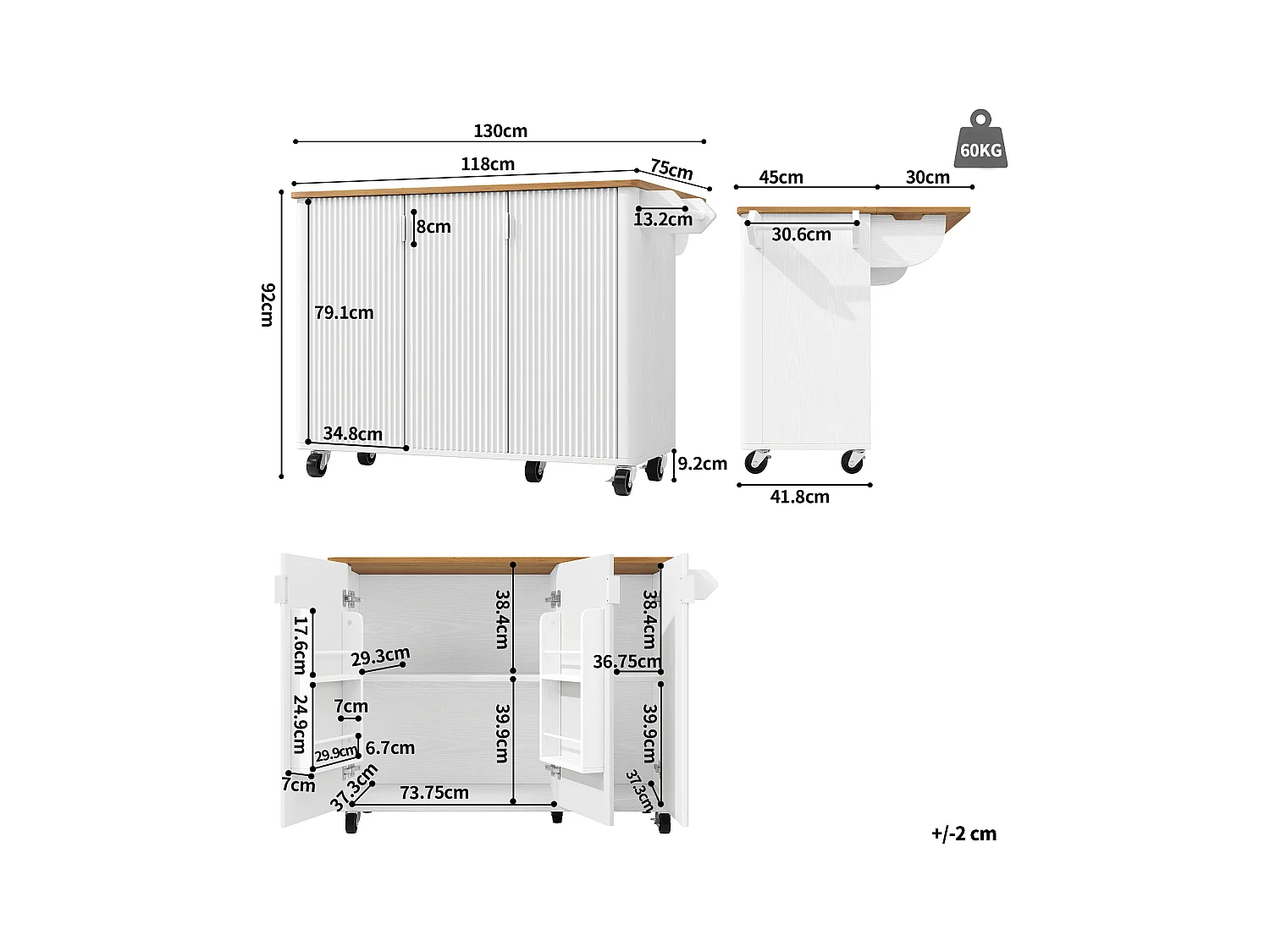 Îlot central mobile avec plateau en bois, 3 portes texturées et étagère à épices - blanc