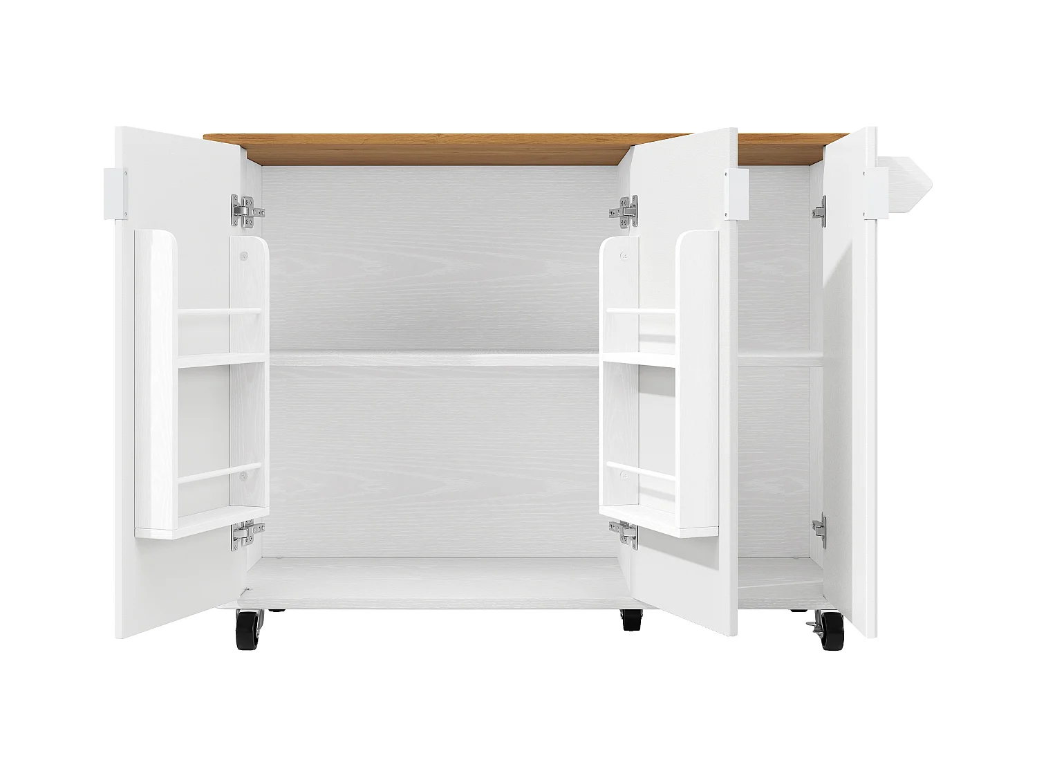 Îlot central mobile avec plateau en bois, 3 portes texturées et étagère à épices - blanc