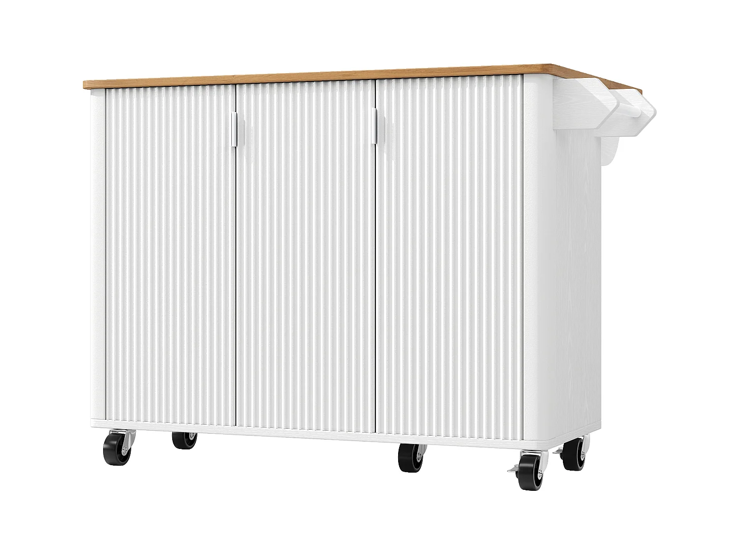 Îlot central mobile avec plateau en bois, 3 portes texturées et étagère à épices - blanc