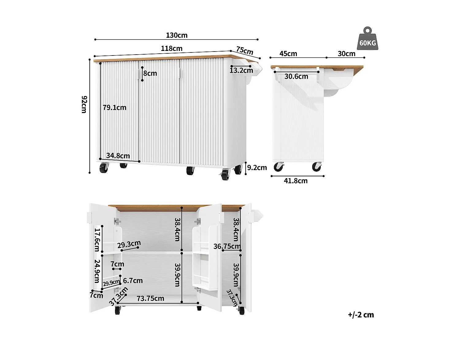 Îlot central mobile avec plateau en bois, 3 portes texturées et étagère à épices - blanc