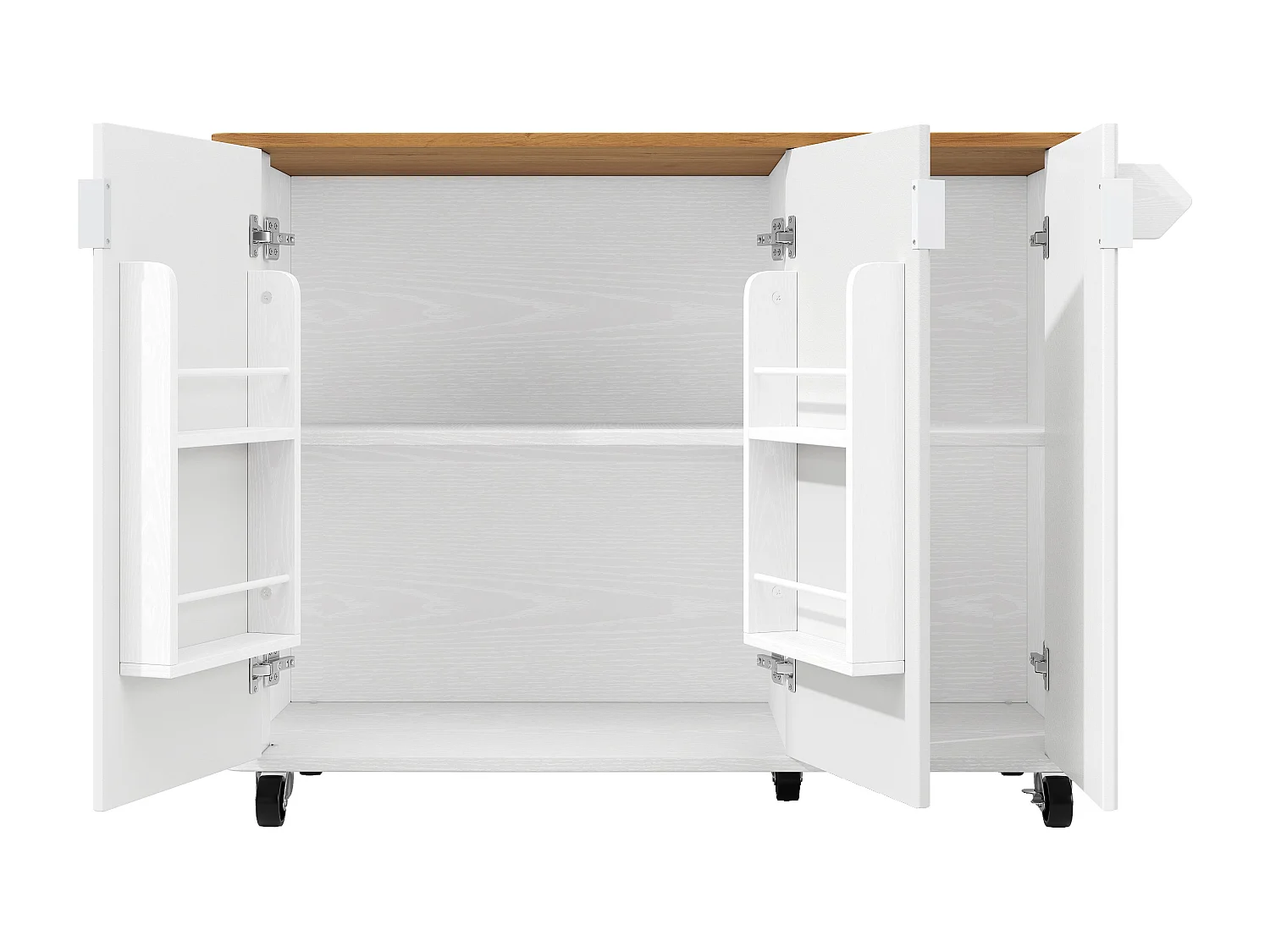 Îlot central mobile avec plateau en bois, 3 portes texturées et étagère à épices - blanc