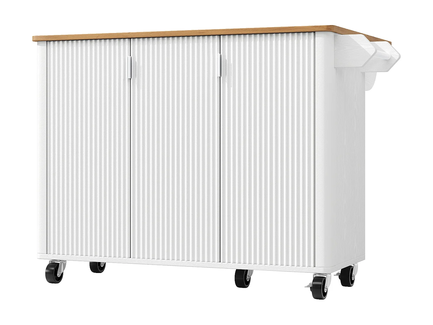 Îlot central mobile avec plateau en bois, 3 portes texturées et étagère à épices - blanc
