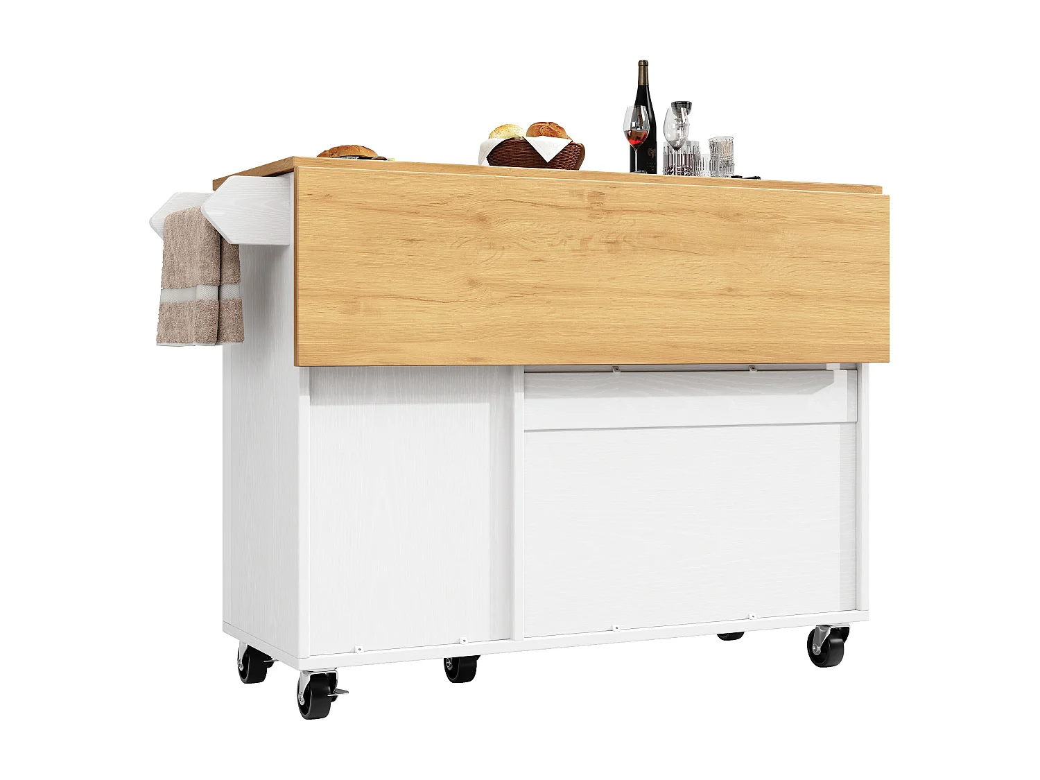 Îlot central mobile avec plateau en bois, 3 portes texturées et étagère à épices - blanc