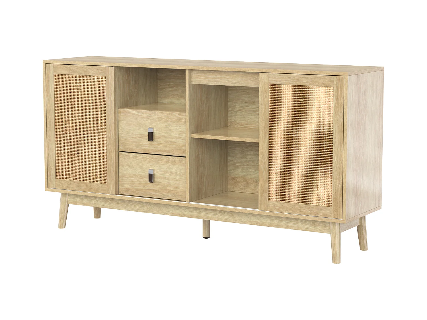 Buffet naturel foncé avec 3 portes en rotin et 2 tiroirs de rangement - pour salon