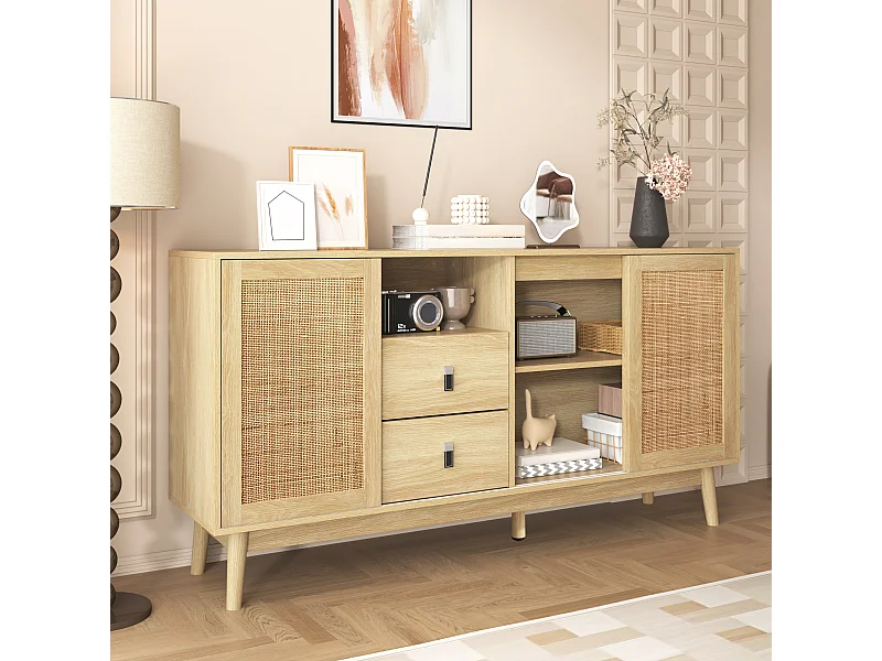 Buffet naturel foncé avec 3 portes en rotin et 2 tiroirs de rangement - pour salon