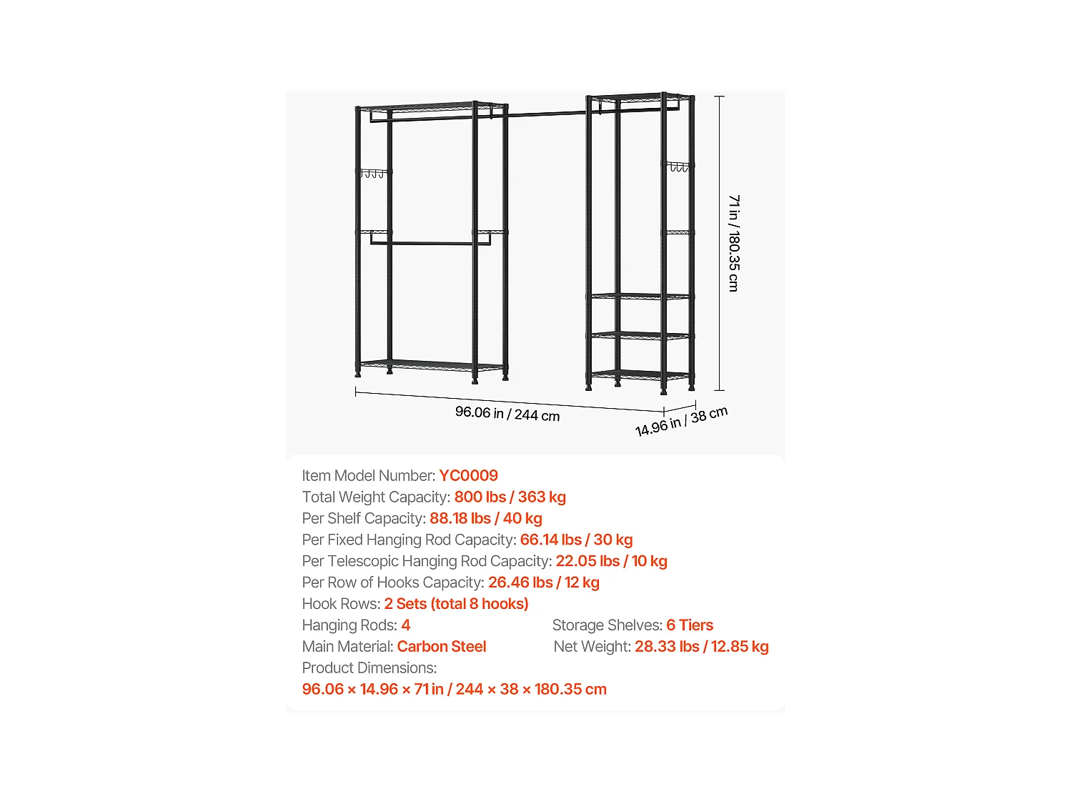 Portant à Vêtements Autoportant SucceBuy, Portemanteau avec Cadre en Acier, Penderie à Vêtements avec Capacité de Charge de 363 kg, avec Tringles
