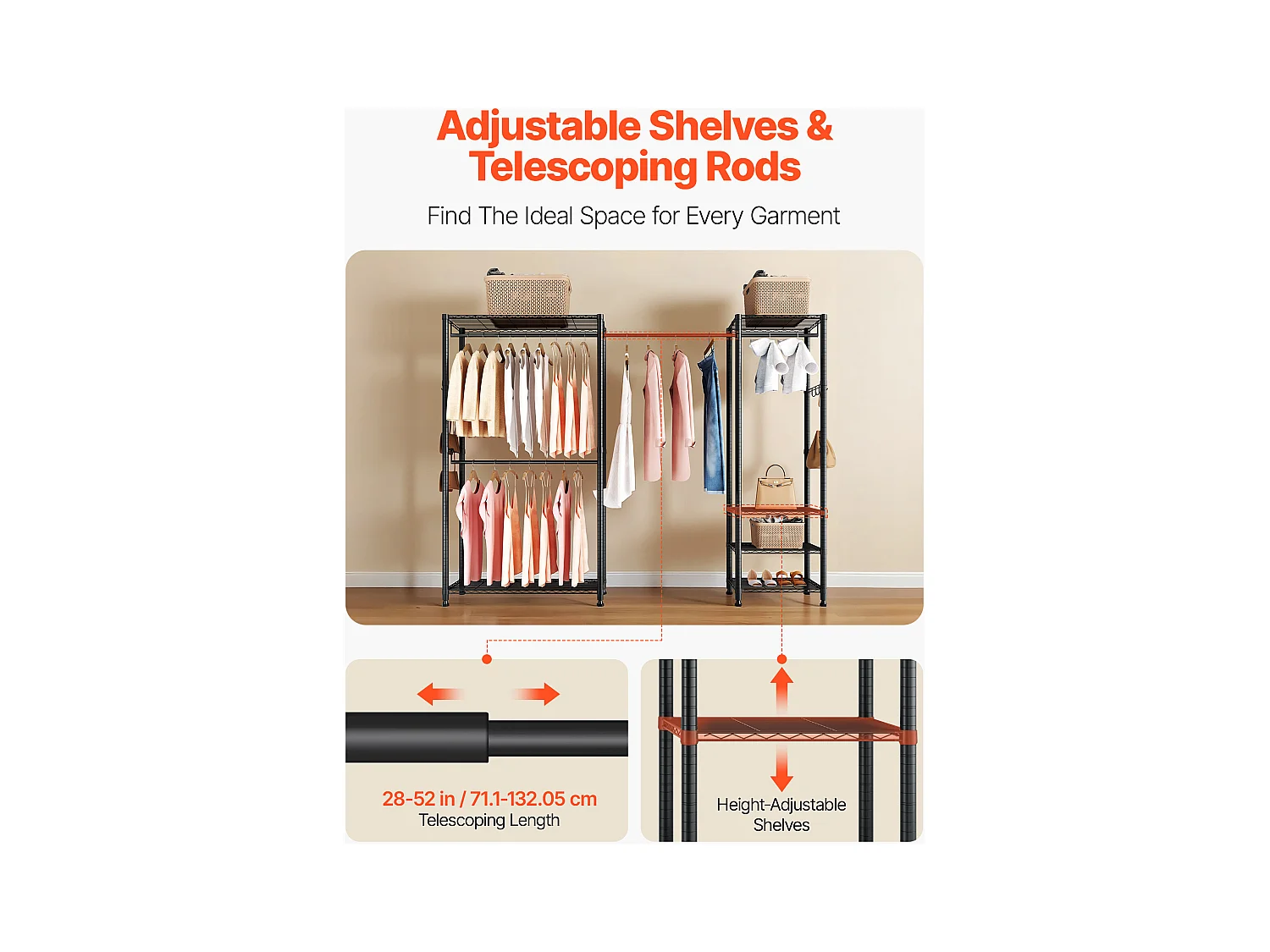 Portant à Vêtements Autoportant SucceBuy, Portemanteau avec Cadre en Acier, Penderie à Vêtements avec Capacité de Charge de 363 kg, avec Tringles