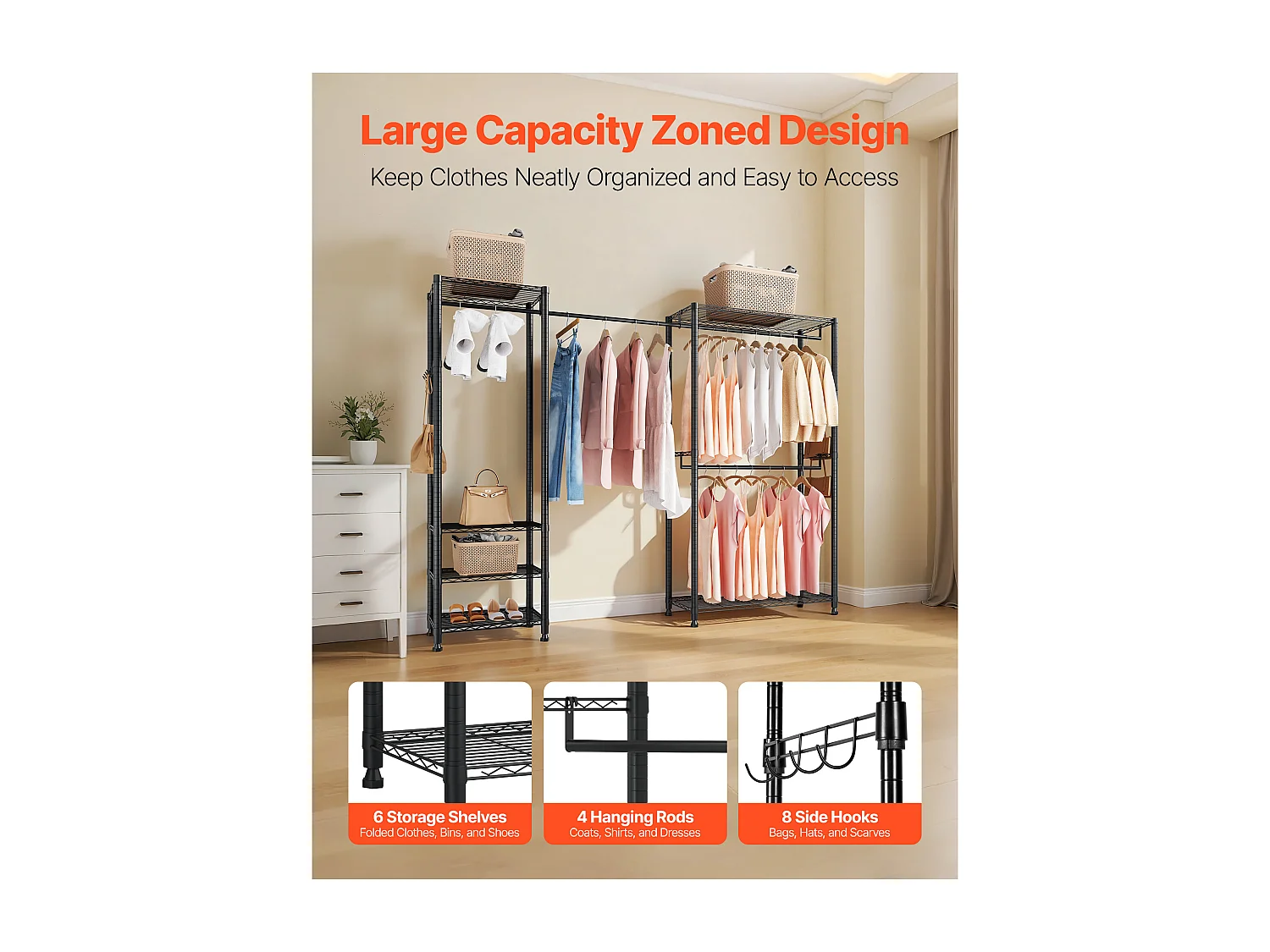 Portant à Vêtements Autoportant SucceBuy, Portemanteau avec Cadre en Acier, Penderie à Vêtements avec Capacité de Charge de 363 kg, avec Tringles