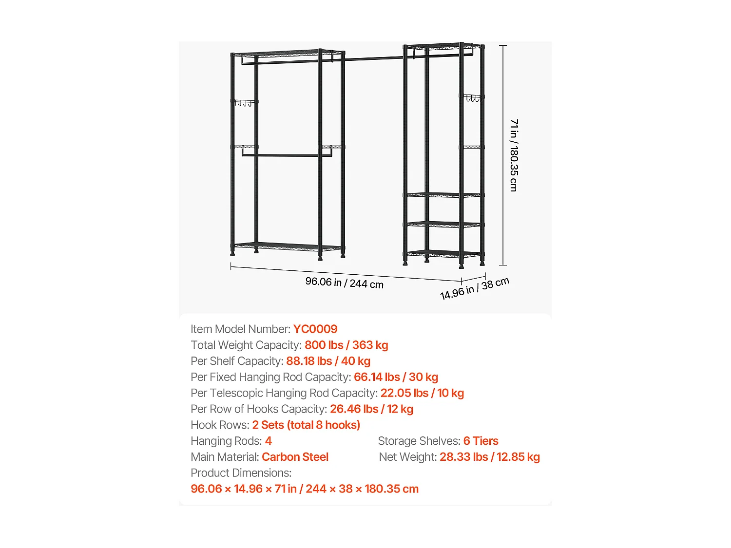 Portant à Vêtements Autoportant SucceBuy, Portemanteau avec Cadre en Acier, Penderie à Vêtements avec Capacité de Charge de 363 kg, avec Tringles