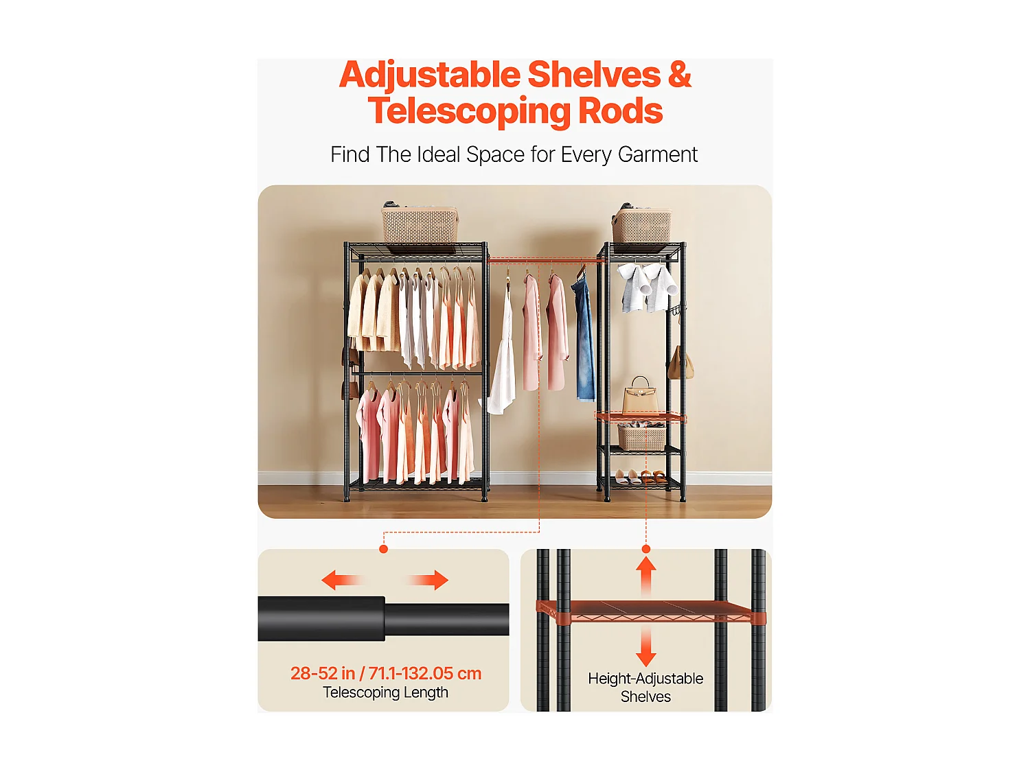 Portant à Vêtements Autoportant SucceBuy, Portemanteau avec Cadre en Acier, Penderie à Vêtements avec Capacité de Charge de 363 kg, avec Tringles