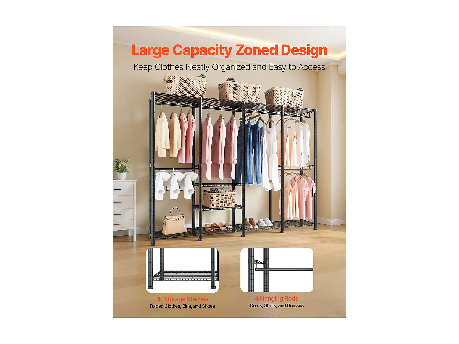 Portant à Vêtements SucceBuy avec Étagères Réglables, Portemanteau avec Cadre en Acier, Penderie à Vêtements Capacité de Charge 499 kg, avec 4 Tringles