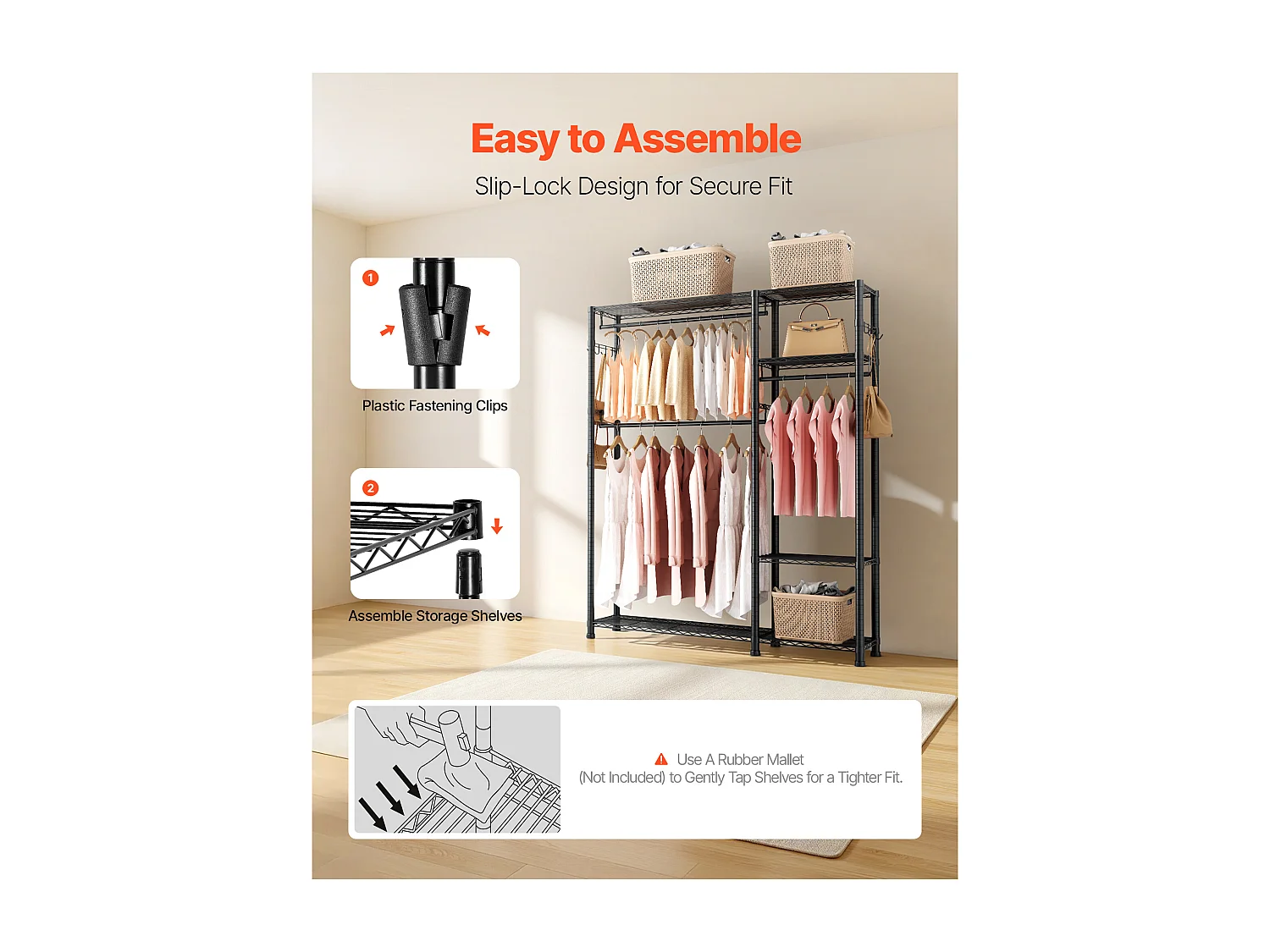 Portant à Vêtements SucceBuy avec 6 Étagères Réglables, Portemanteau avec Cadre en Acier, Penderie à Vêtements Capacité de Charge 363 kg, avec 3 Tringles