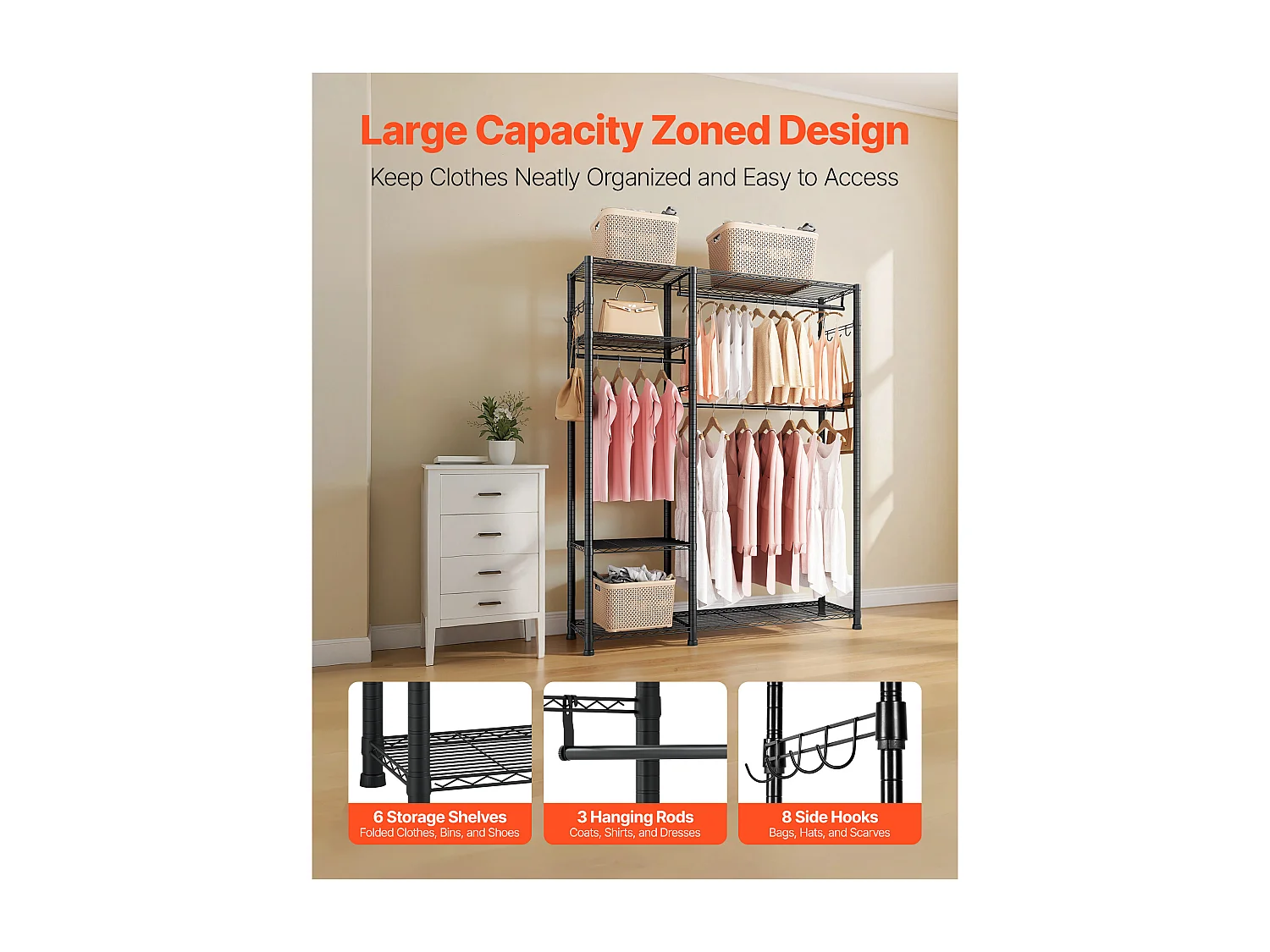 Portant à Vêtements SucceBuy avec 6 Étagères Réglables, Portemanteau avec Cadre en Acier, Penderie à Vêtements Capacité de Charge 363 kg, avec 3 Tringles