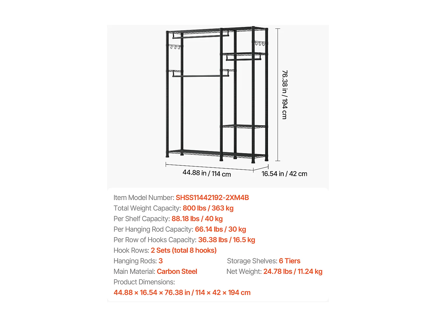 Portant à Vêtements SucceBuy avec 6 Étagères Réglables, Portemanteau avec Cadre en Acier, Penderie à Vêtements Capacité de Charge 363 kg, avec 3 Tringles