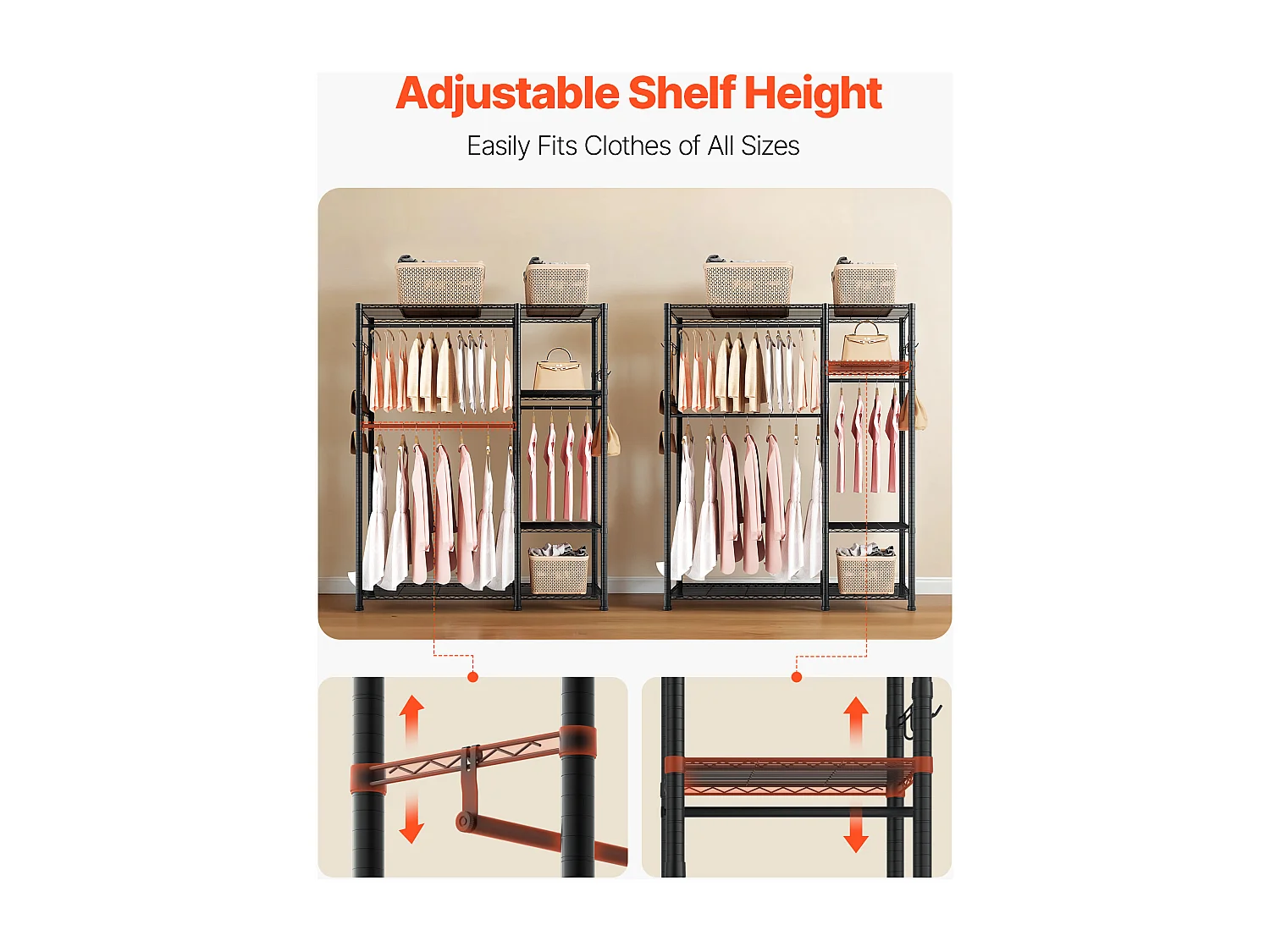 Portant à Vêtements SucceBuy avec 6 Étagères Réglables, Portemanteau avec Cadre en Acier, Penderie à Vêtements Capacité de Charge 363 kg, avec 3 Tringles