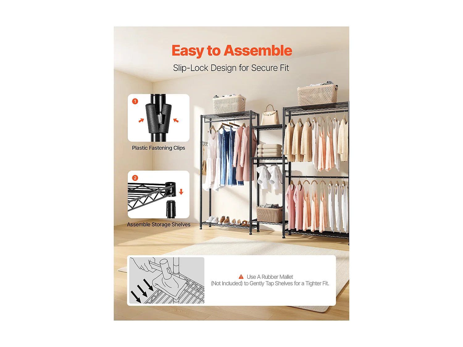 Wieszak na Ubrania SucceBuy z 7 Regulowanymi Półkami, Wieszak ze Stalową Ramą, Szafa na Ubrania Nośność 385,5 kg, z 4 Drążkami