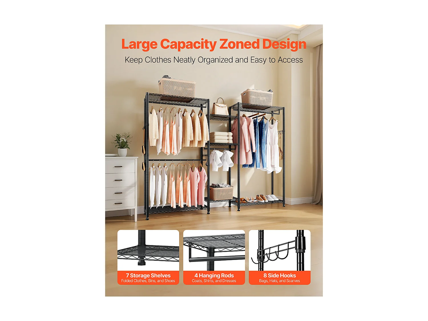 Wieszak na Ubrania SucceBuy z 7 Regulowanymi Półkami, Wieszak ze Stalową Ramą, Szafa na Ubrania Nośność 385,5 kg, z 4 Drążkami