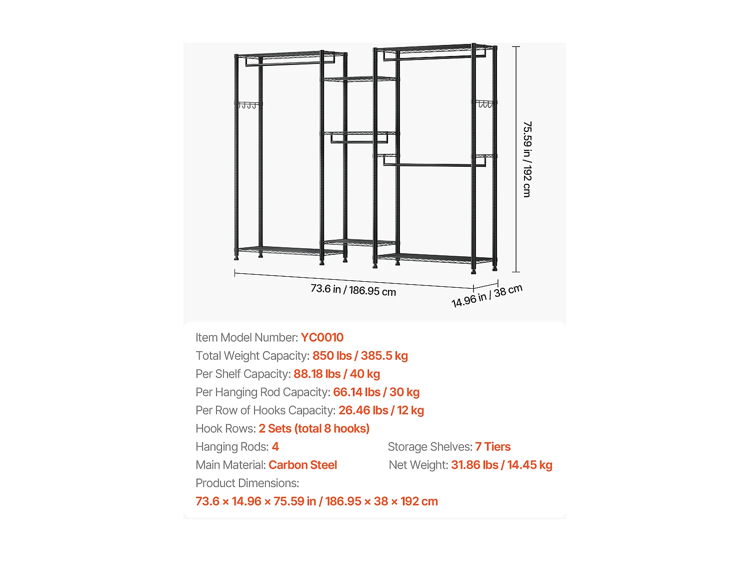 Wieszak na Ubrania SucceBuy z 7 Regulowanymi Półkami, Wieszak ze Stalową Ramą, Szafa na Ubrania Nośność 385,5 kg, z 4 Drążkami