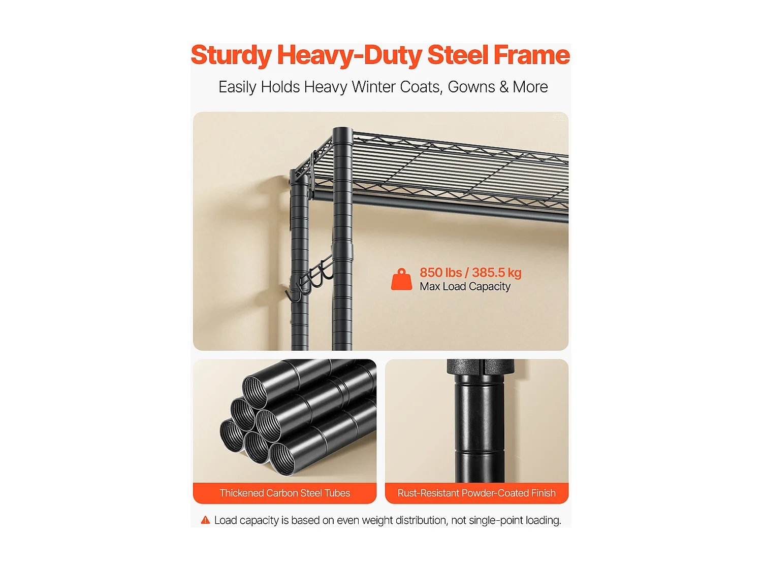 Wieszak na Ubrania SucceBuy z 7 Regulowanymi Półkami, Wieszak ze Stalową Ramą, Szafa na Ubrania Nośność 385,5 kg, z 4 Drążkami