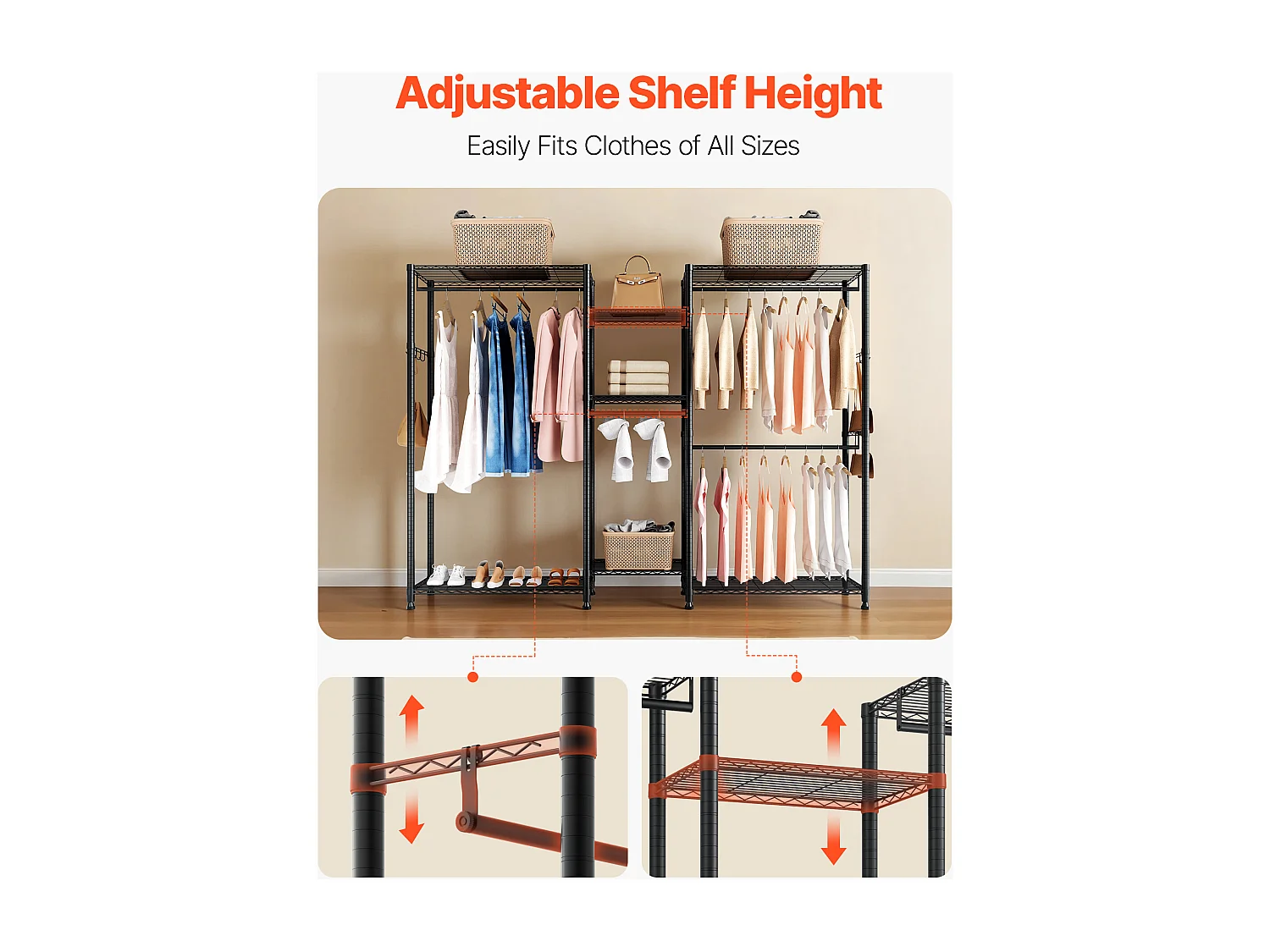 Wieszak na Ubrania SucceBuy z 7 Regulowanymi Półkami, Wieszak ze Stalową Ramą, Szafa na Ubrania Nośność 385,5 kg, z 4 Drążkami