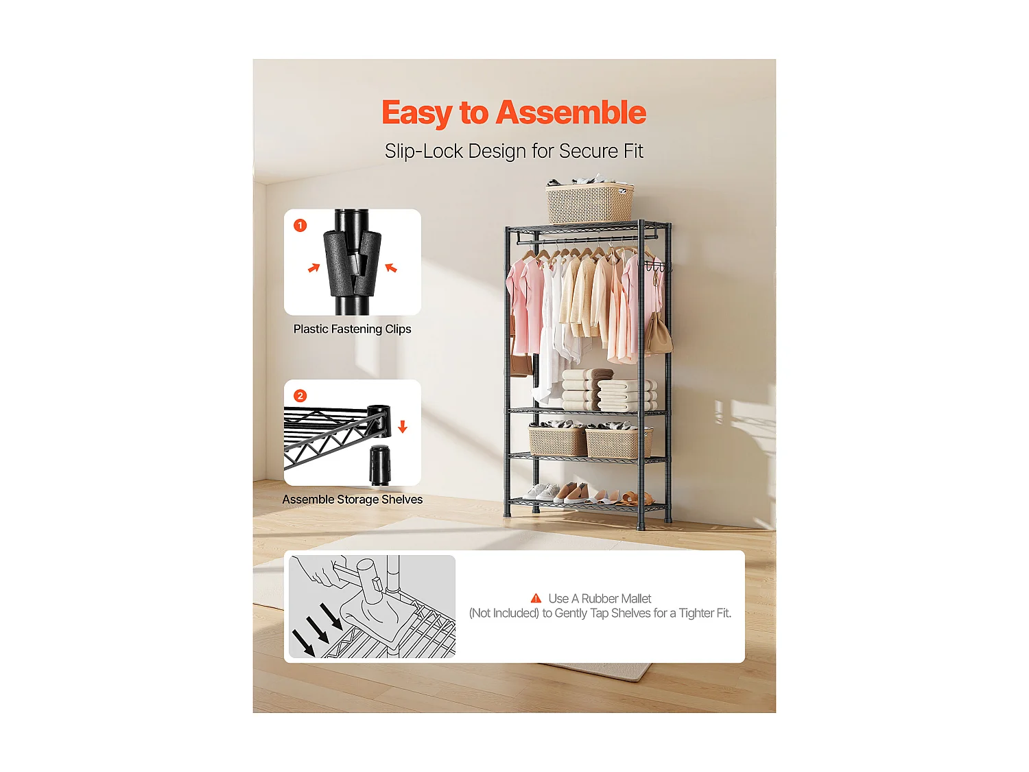 Kledingrek SucceBuy met 4 Verstelbare Planken, Kapstok van Koolstofstaal, Garderobe Draagvermogen 227 kg, met 1 Rail, Robuust en Duurzaam