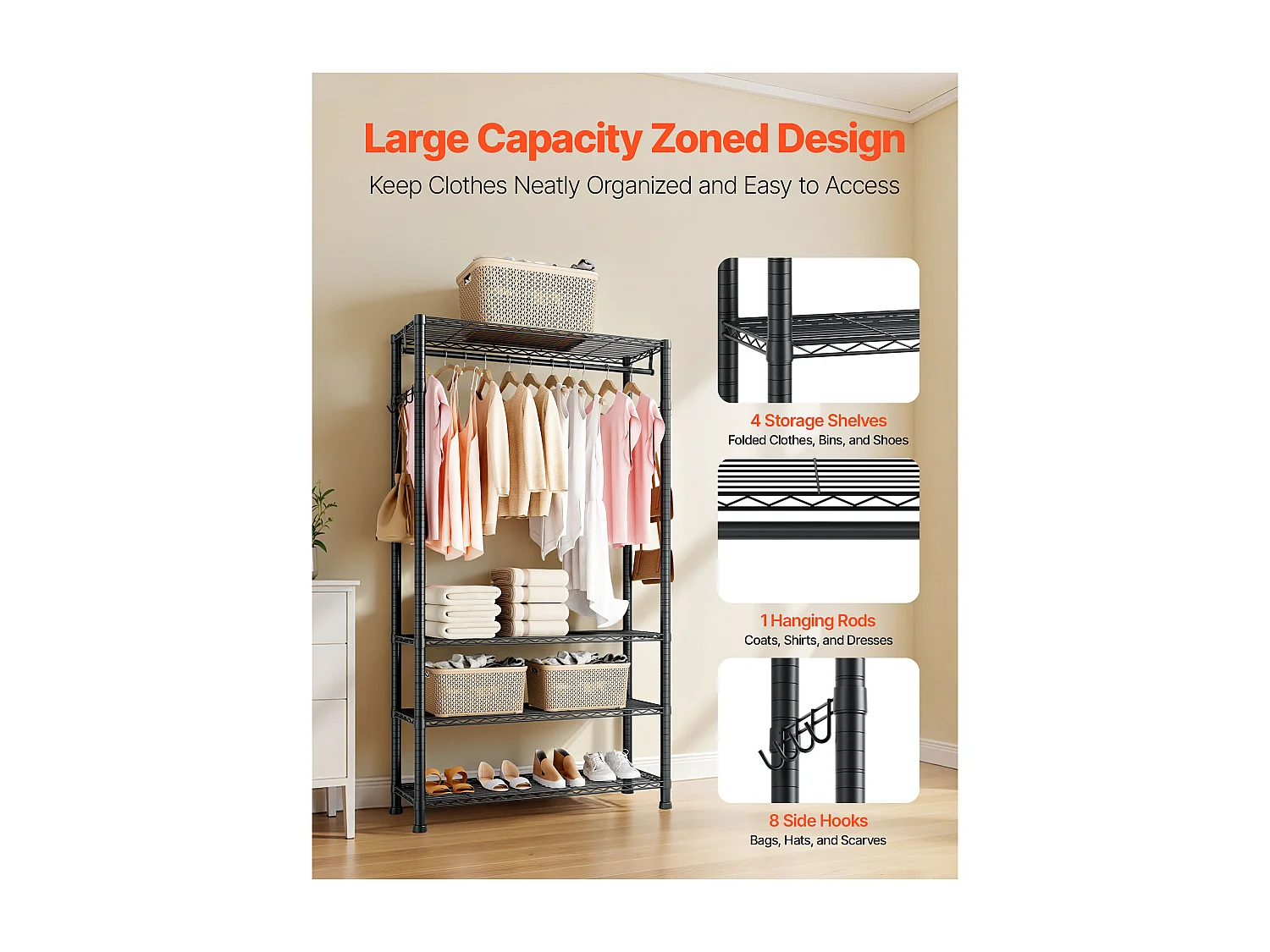 Kledingrek SucceBuy met 4 Verstelbare Planken, Kapstok van Koolstofstaal, Garderobe Draagvermogen 227 kg, met 1 Rail, Robuust en Duurzaam