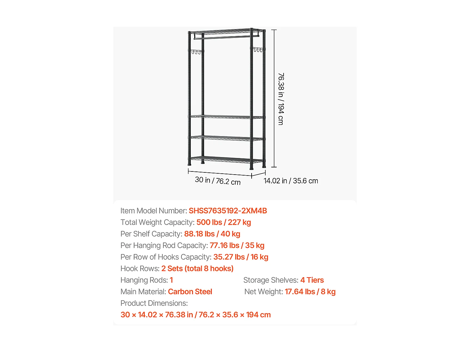 Kledingrek SucceBuy met 4 Verstelbare Planken, Kapstok van Koolstofstaal, Garderobe Draagvermogen 227 kg, met 1 Rail, Robuust en Duurzaam