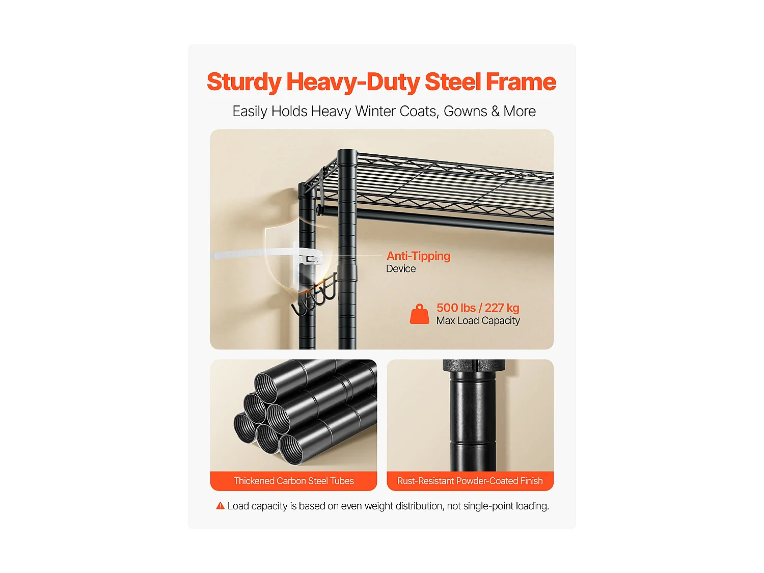 Kledingrek SucceBuy met 4 Verstelbare Planken, Kapstok van Koolstofstaal, Garderobe Draagvermogen 227 kg, met 1 Rail, Robuust en Duurzaam