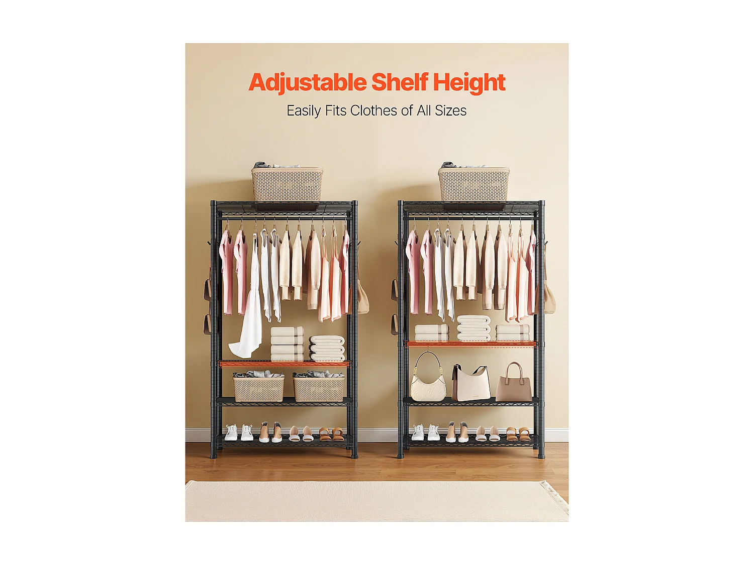 Kledingrek SucceBuy met 4 Verstelbare Planken, Kapstok van Koolstofstaal, Garderobe Draagvermogen 227 kg, met 1 Rail, Robuust en Duurzaam