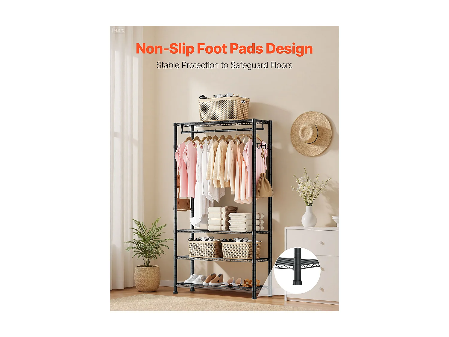 Kledingrek SucceBuy met 4 Verstelbare Planken, Kapstok van Koolstofstaal, Garderobe Draagvermogen 227 kg, met 1 Rail, Robuust en Duurzaam