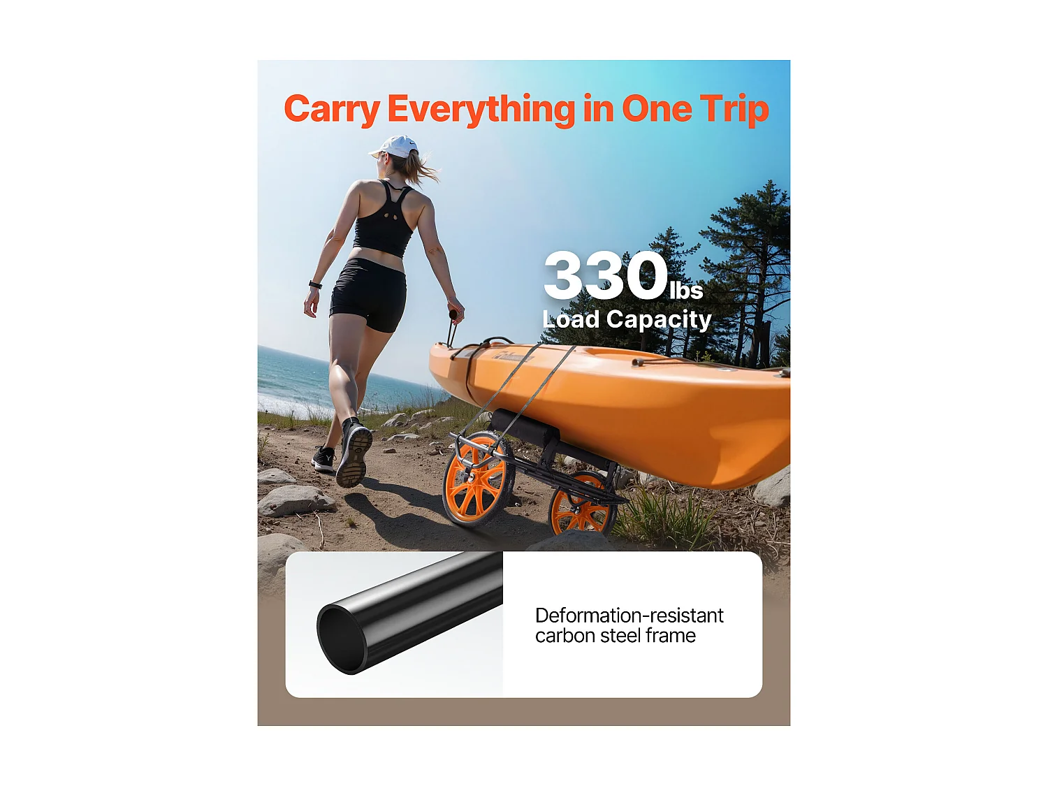 Chariot de Kayak SucceBuy, Capacité de Charge 150 kg, Chariot de Transport Paddle Pliable Compact, avec Pneus en Caoutchouc Plein 38 cm, Pied de Support