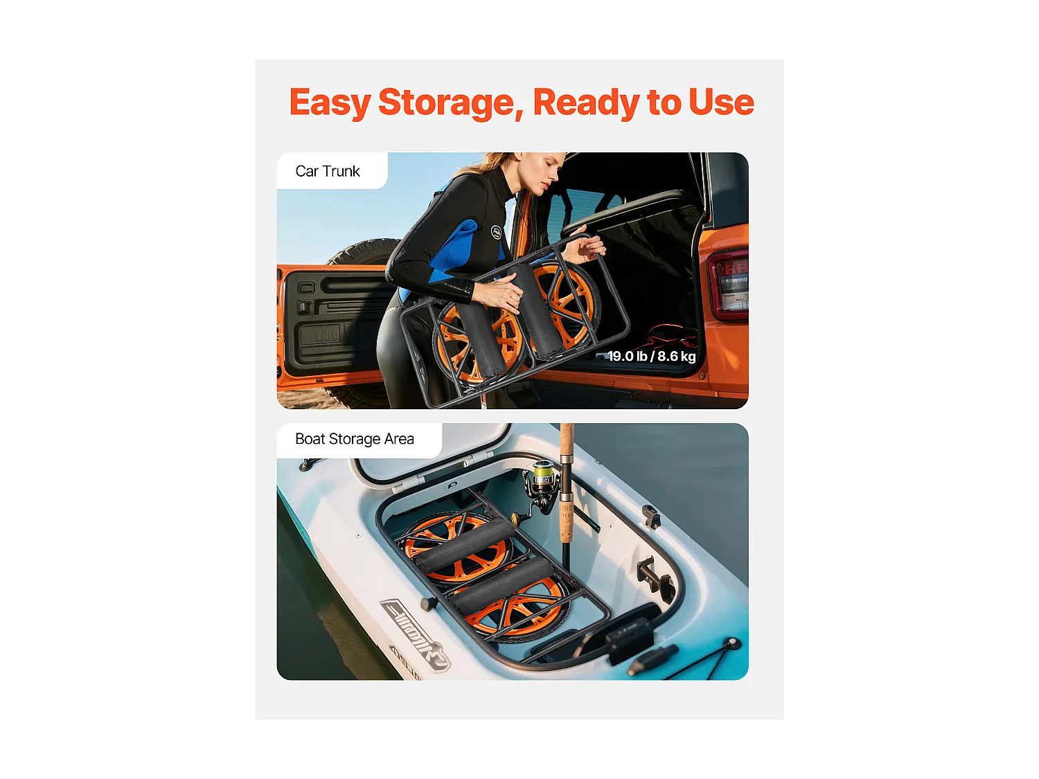 Chariot de Kayak SucceBuy, Capacité de Charge 150 kg, Chariot de Transport Paddle Pliable Compact, avec Pneus en Caoutchouc Plein 38 cm, Pied de Support