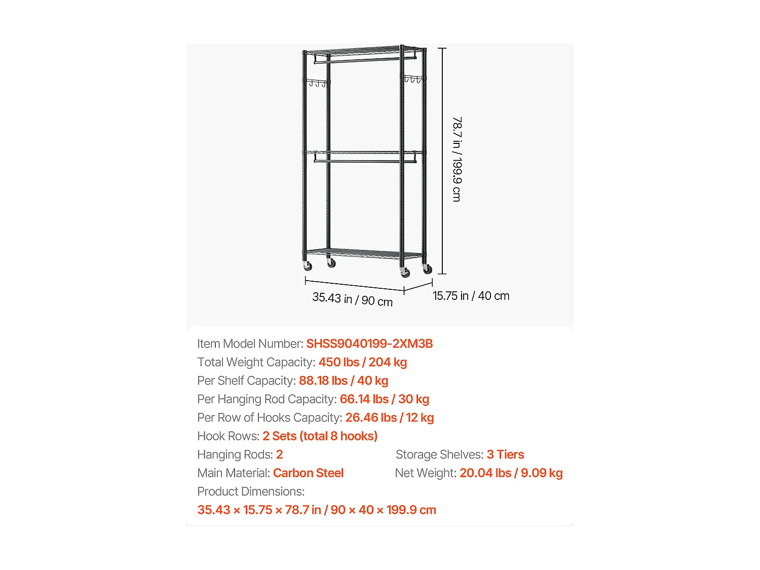 Portant à Vêtements Mobile SucceBuy , Portemanteau sur Roulettes à 3 Étagères Réglables, Penderie à Vêtements en Acier au Carbone, Capacité de Charge 204 kg