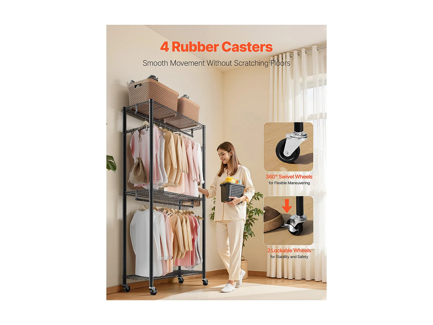 Portant à Vêtements Mobile SucceBuy , Portemanteau sur Roulettes à 3 Étagères Réglables, Penderie à Vêtements en Acier au Carbone, Capacité de Charge 204 kg