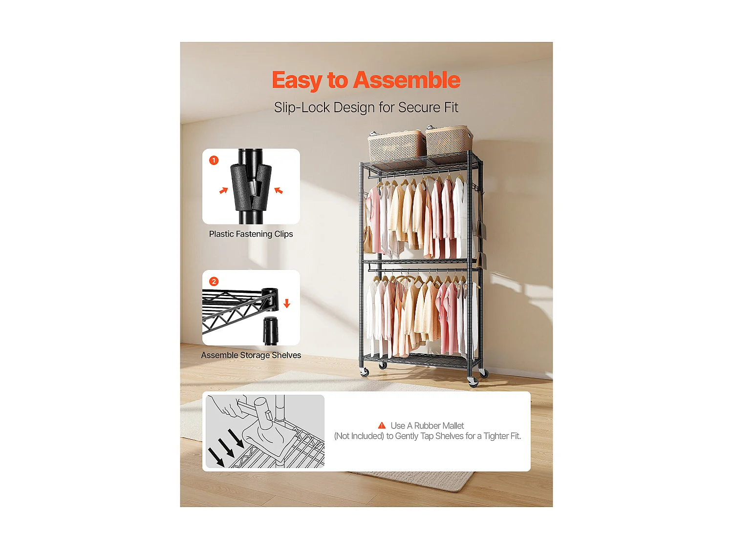 Portant à Vêtements Mobile SucceBuy , Portemanteau sur Roulettes à 3 Étagères Réglables, Penderie à Vêtements en Acier au Carbone, Capacité de Charge 204 kg