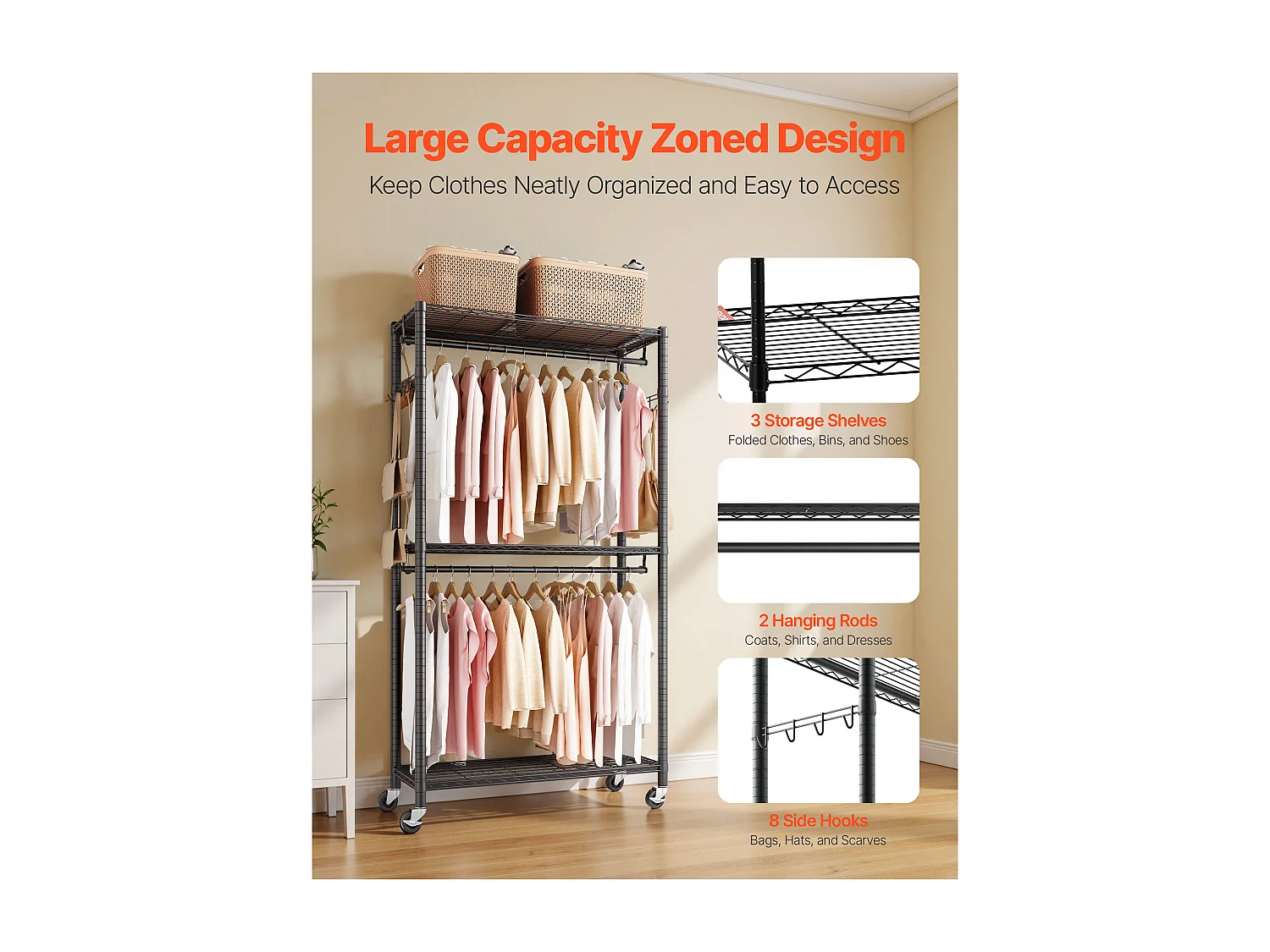 Portant à Vêtements Mobile SucceBuy , Portemanteau sur Roulettes à 3 Étagères Réglables, Penderie à Vêtements en Acier au Carbone, Capacité de Charge 204 kg