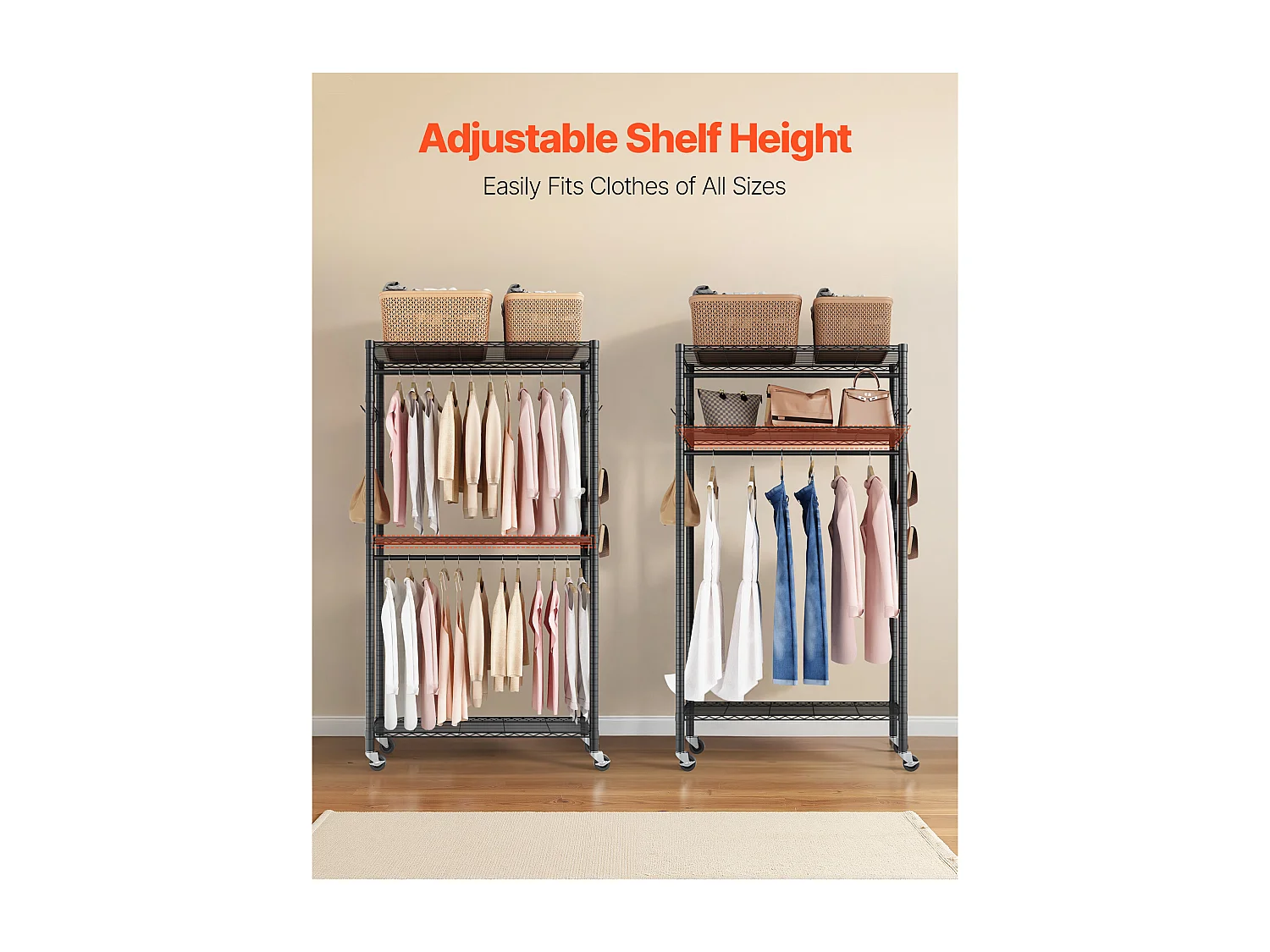 Portant à Vêtements Mobile SucceBuy , Portemanteau sur Roulettes à 3 Étagères Réglables, Penderie à Vêtements en Acier au Carbone, Capacité de Charge 204 kg