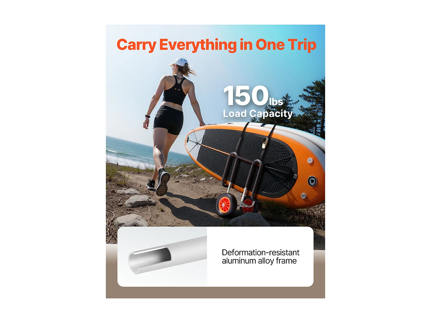 Chariot de Kayak SucceBuy, Capacité de Charge 68 kg, Chariot de Transport Paddle Pliable Compact, avec Pneus en Caoutchouc Plein 25,4 cm, Pied de Support