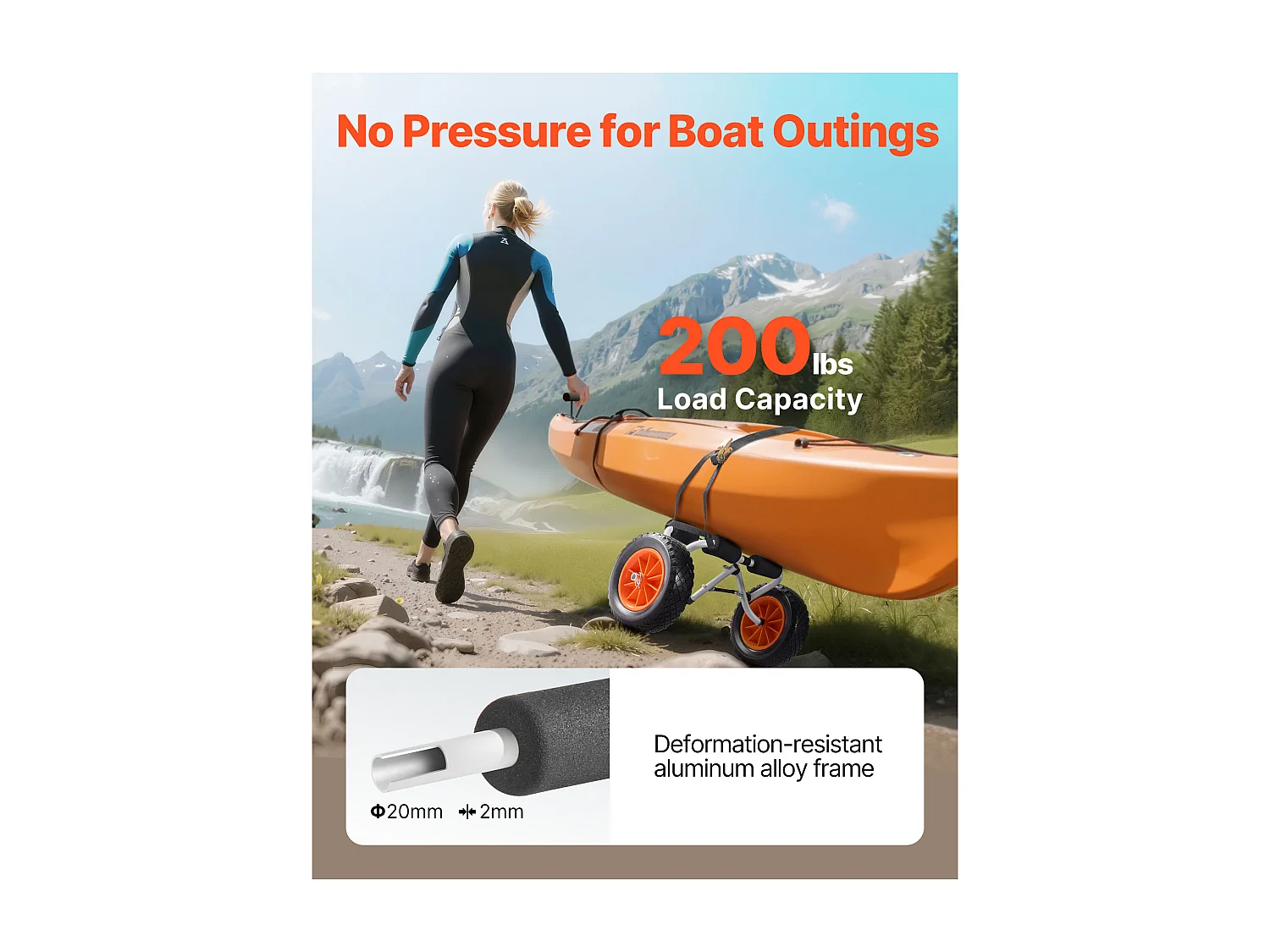 Kayakkar SucceBuy, Laadvermogen 90 kg, Paddle Transportkar Inklapbaar Compact, met Volle Rubber Banden 25,4 cm, Steunpoot