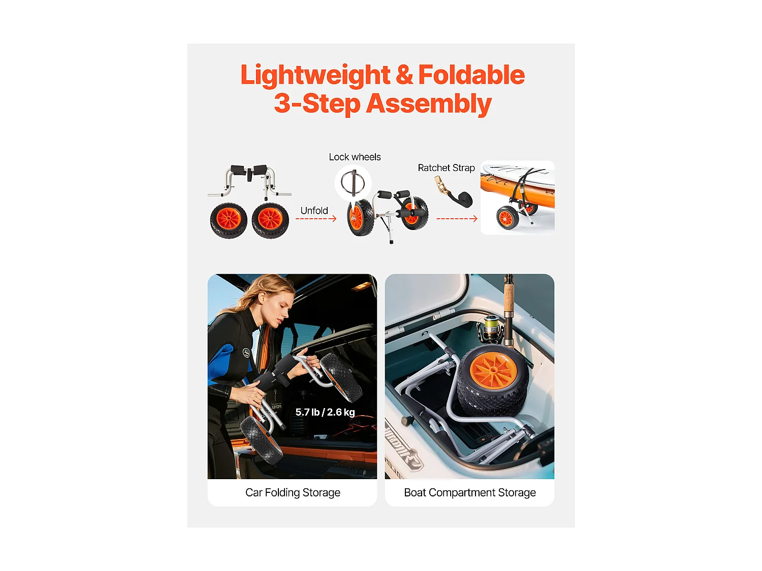 Kayakkar SucceBuy, Laadvermogen 90 kg, Paddle Transportkar Inklapbaar Compact, met Volle Rubber Banden 25,4 cm, Steunpoot