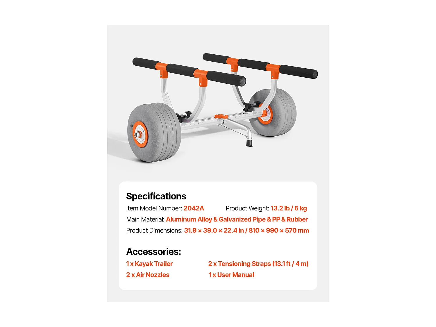 Chariot de Kayak SucceBuy, Capacité de Charge 158 kg, Chariot de Transport Paddle Pliable Compact, avec Pneus Gonflables en Polyuréthane 30,5 cm