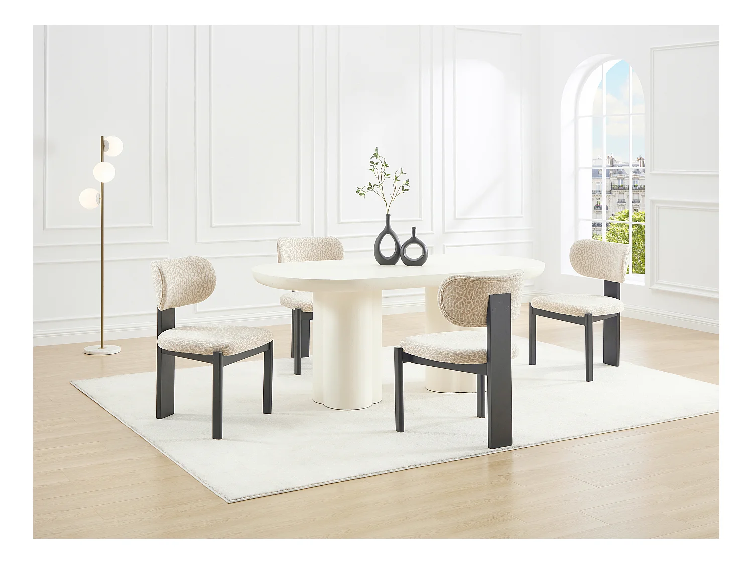 Juego de 6 sillas de tela texturizada bicolor y madera de hevea negra - Crema y beige - WILANA