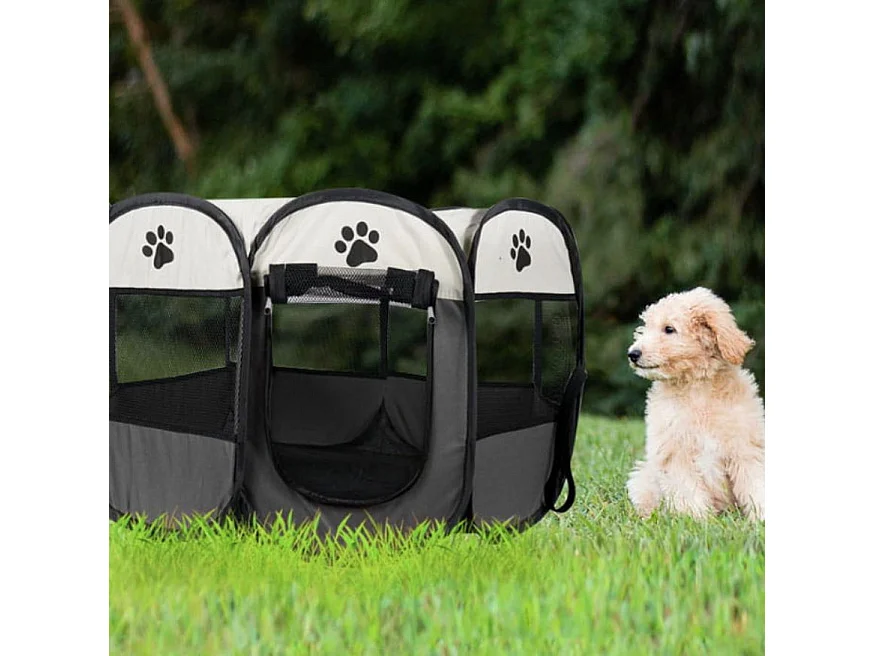 Valora Faltbarer Laufstall für Hunde und Katzen, Grau, mit Netzwänden