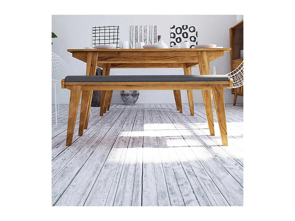 Esszimmer Sitzbank aus Wildeiche Massivholz Hellgrau Webstoff