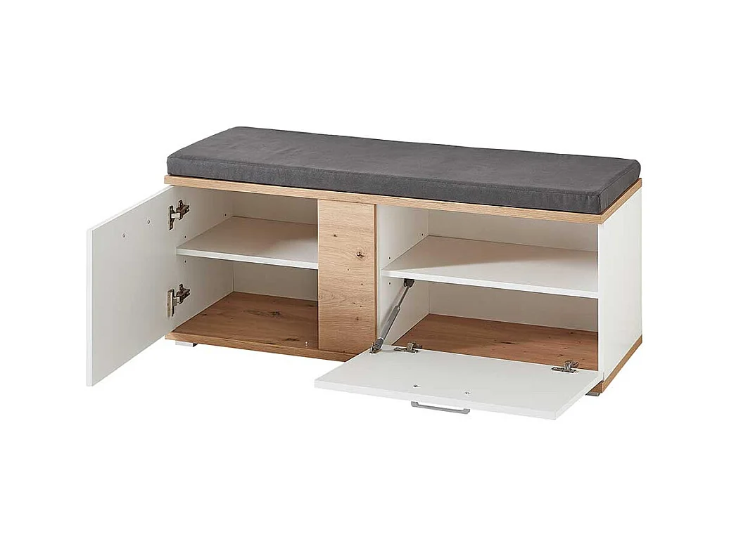 Flursitzbank in Wildeichefarben und Weiß einer Polsterauflage