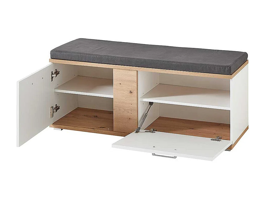 Flursitzbank in Wildeichefarben und Weiß einer Polsterauflage